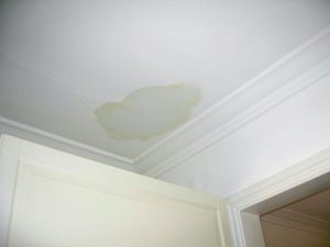 Ceiling leak showing water damage stain