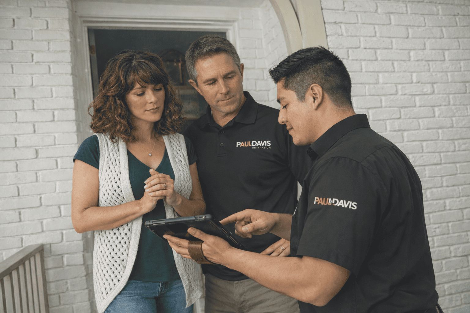 Paul Davis Restoration of Mid Central NJ team reviewing restoration plans with homeowners outside a home during a property damage consultation